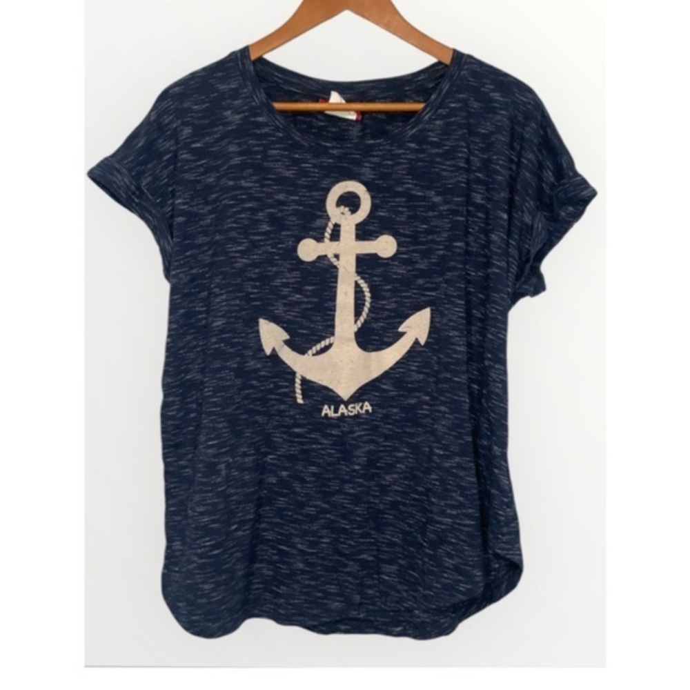 Northern Souvenirs “Alaska Anchor” Blue & Cream Heathered Short Sleeve Top XL